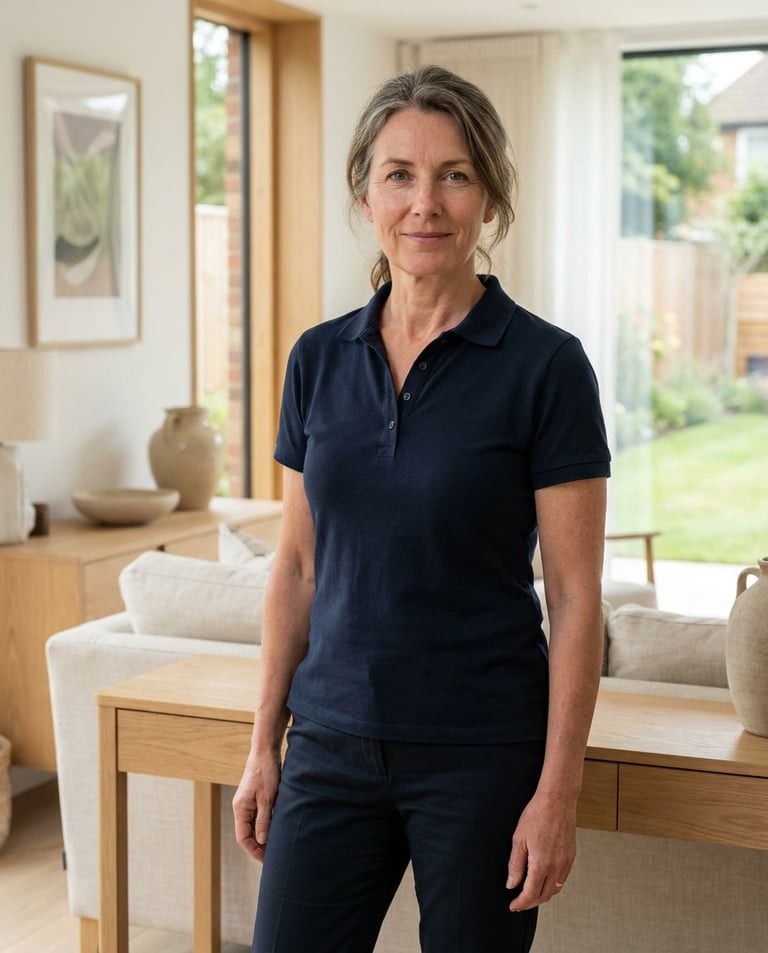 Woman in dark navy polo shirt standing in modern living room with wooden furniture and large windows