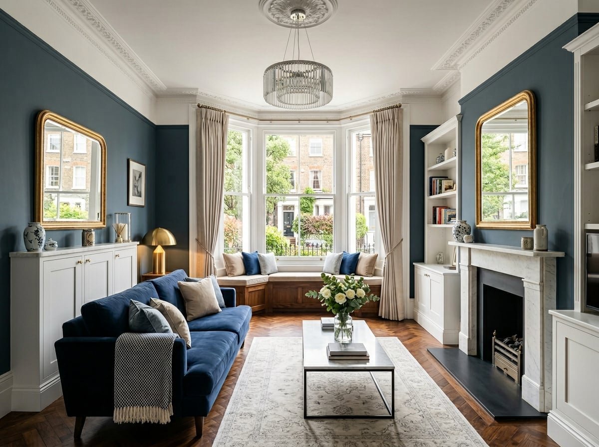 Elegant living room with teal walls, blue velvet sofa, fireplace, bay windows with drapes, and white built-in shelving.